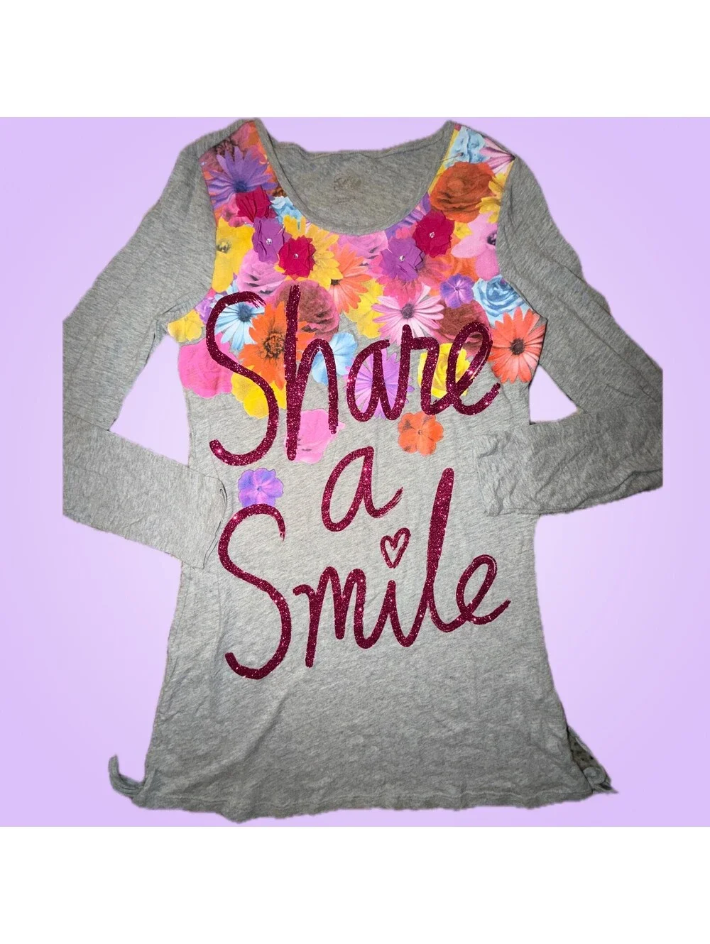 Justice Girls Size 18 Gray Share a Smile Floral Glitter Long Sleeve Tunic